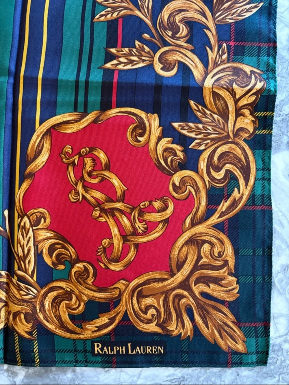 Vintage Ralph Lauren Gold and Red Double Lion Silk Scarf — Gold,NavyRed & Green